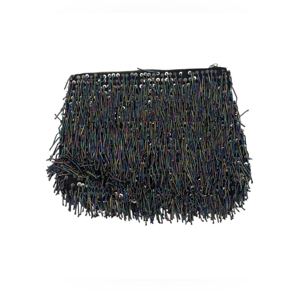 Topshop Beaded Fringe Clutch Multicolor Metallic Evening Zip Bag Chic - Picture 3 of 7